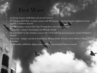 First Wave
• 1st Group (targets: battleships and aircraft carriers)
• 49 Nakajima B5N Kate bombers armed with 800 kg armor piercing bombs, organized in four
sections (1 failed to launch)
• 40 B5N bombers armed with Type 91 torpedoes, also in four sections
• 2nd Group – (targets: Ford Island and Wheeler Field)
• 51 Aichi D3A Val dive bombers armed with 550 lb (249 kg) general purpose bombs (3 failed to
launch)
• 3rd Group – (targets: aircraft at Ford Island, Hickam Field, Wheeler Field, Barber's Point,
Kaneohe)
• 43 Mitsubishi A6M Zeke fighters for air control and strafing(2 failed to launch)
 