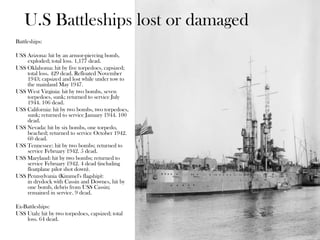 U.S Battleships lost or damaged
Battleships:
USS Arizona: hit by an armor-piercing bomb,
exploded; total loss. 1,177 dead.
USS Oklahoma: hit by five torpedoes, capsized;
total loss. 429 dead. Refloated November
1943; capsized and lost while under tow to
the mainland May 1947.
USS West Virginia: hit by two bombs, seven
torpedoes, sunk; returned to service July
1944. 106 dead.
USS California: hit by two bombs, two torpedoes,
sunk; returned to service January 1944. 100
dead.
USS Nevada: hit by six bombs, one torpedo,
beached; returned to service October 1942.
60 dead.
USS Tennessee: hit by two bombs; returned to
service February 1942. 5 dead.
USS Maryland: hit by two bombs; returned to
service February 1942. 4 dead (including
floatplane pilot shot down).
USS Pennsylvania (Kimmel's flagship):
in drydock with Cassin and Downes, hit by
one bomb, debris from USS Cassin;
remained in service. 9 dead.
Ex-Battleships:
USS Utah: hit by two torpedoes, capsized; total
loss. 64 dead.
 