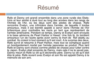 Résumé
Rafe et Danny ont grandi ensemble dans une zone rurale des Etats-
Unis et leur amitié a duré tout au long des années dans les rangs de
l'Armée de l'Air, où les deux sont des pilotes de chasse. Rafe
rencontre Evelyn, une infirmière dans l'armée, de laquelle il tombe
amoureux, mais il est bientôt appelé à servir dans l'Armée de l'Air
britannique pour combattre les nazis en tant que représentant de
l'armée américaine. Pendant ce temps, Danny et Evelyn sont envoyés
à la base aérienne de Pearl Harbor à Hawaï. Une fois là, ils tombent
amoureux l’un de l’autre après avoir connu la mort de Raf abattu au
combat. Ils croient à tout moment qu'il est mort. A la surprise des deux,
Rafe survit et retourne à Pearl Harbor, mais tout se complique quand
un bombardement mortel par l'armée japonaise se produit. Plus tard
Rafe et Danny sont choisis comme pilotes de chasse pour lutter contre
le Japon. Evelyn était enceinte de Danny, mais cela il ne le savait pas.
Danny meurt et Rafe lui dit qu'il deviendra père. Danny lui dit qu'il doit
être le père. Rafe revient avec Evelyn et son fils est appelé Danny à la
mémoire de son ami.
 