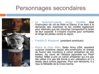 Personnages secondaires
 Le lieutenant-colonel Jimmy Doolittle était
l'instructeur de vol de Rafe et Danny. Il se tient à la
demande des machines et les modifie également
pour atteindre que les mouches transportent la limite
de leur capacité. Il s’inspire d’autres pour combattre
et dirige les pilotes contre le Japon.
 Franklin D. Roosevelt (président américain)
 Maître de Doris Miller, Sailor Army USA, assistant
cuisinier troisième classe afro-américains et chargé
de fournir des munitions à canon antiaérien de son
bateau. Au cours de l'attaque japonaise sur Pearl
Harbor, Miller a pris un canon antiaérien qui n'a pas
été utilisé (n'a pas été formé à son utilisation) et il a
abattu deux avions japonais. Pour son héroïsme, il a
reçu la Médaille de la Croix-marine.
 