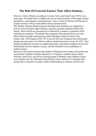 The Role Of External Factors That Affect Student...
However, Tinto s Model, according to Carrera, Nora, and CastaГ±eda (1993), has a
major gap. The Model fails to address the role of external factors which shape student
perceptions, commitments, and preferences. Tinto s Limits of Theory and Practice in
student Attrition (1982) would address these external factors.
The Student Attrition Model proposes that behavioral intentions are shaped by a
process wherein beliefs shape attitudes, and these attitudes influence behavioral
intents. These beliefs are presumed to be affected by a student s experience while
attending an institution. The Model also recognizes that external factors can also
affect student attitudes and decisions while attending college (Carrera, Nora,
CastaГ±eda, 1993).Spady (1970, 1971) was the first one to propose that institutional
change was necessary in an effort to address student persistence issues. In 1975, Tinto
produced additional research on student persistence, and placed emphasis on how the
relationship between students, society, and the institution were contributors to
student success.
Because of the need to increase the number of Hispanic male student who persist and
successfully complete in higher education, it is logical to conduct inquiry based
activities, interviews, and surveys among groups of Hispanic male students to gain
more insights into the challenges being faced by these students. It is through these
groups that a researcher can gain a better understanding as students will have the
 