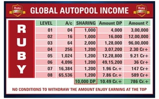 LEVEL A/c SHARING Amount $
GLOBAL AUTOPOOL INCOME
Amount DP
01
02
03
04
05
06
07
08
04
16
64
256
1,024
4,096
16,384
65,536
1,000
1,000
2,000
1,200
1,200
1,200
1,200
1,200
10,000 DP
4,000
16,000
1,28,000
3,07,200
12,28,800
49,15,200
1.96 Cr.+
7.86 Cr.+
10.49 Cr.+
3,00,000
12,00,000
96,00,000
2.30 Cr+
9.21 Cr+
36 Cr+
147 Cr+
589 Cr+
786 Cr.+
NO CONDITIONS TO WITHDRAW THE AMOUNT ENJOY EARNING AT THE TOP
R
U
B
Y
Ruby
Member
Ruby
Member
9
8
7
1
3
3
5
9
4
2
 