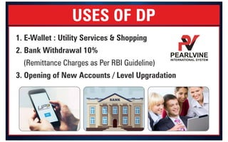 USES OF DP
1. E-Wallet : Utility Services & Shopping
2. Bank Withdrawal 10%
(Remittance Charges as Per RBI Guideline)
3. Opening of New Accounts / Level Upgradation
PEARLVINE
INTERNATIONAL SYSTEM
9
8
7
1
3
3
5
9
4
2
 