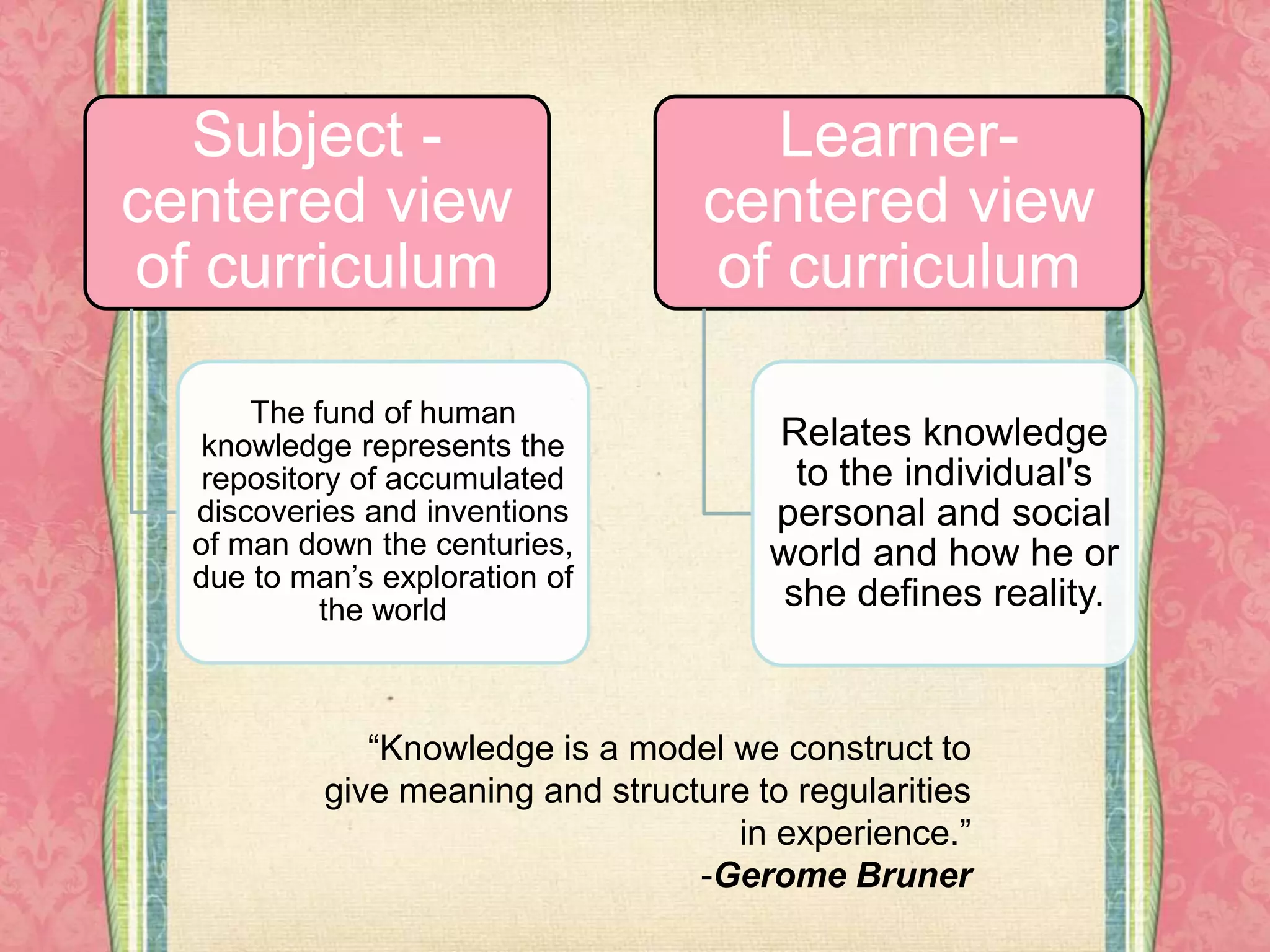 Subject -
centered view
of curriculum
The fund of human
knowledge represents the
repository of accumulated
discoveries and inventions
of man down the centuries,
due to man’s exploration of
the world
Learner-
centered view
of curriculum
Relates knowledge
to the individual's
personal and social
world and how he or
she defines reality.
“Knowledge is a model we construct to
give meaning and structure to regularities
in experience.”
-Gerome Bruner
 