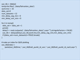 out_Jb	<-	Jbble()	
temp=list.ﬁles('../data/fahrzeiten_data')	
work.line	<-	33	
data_set=0	
num_datasets	=	12	
min_delay_seg_min	=	0	
min_delay_von_min	=	0	
	
for	(i	in	temp){	
		data_set	<-	data_set	+	1	
		print(i)	
		delay1	<-	read.csv(paste('../data/fahrzeiten_data/',i,sep=""),stringsAsFactors	=	FALSE)	
		out_Jb	<-	delays(delay1,out_Jb,work.line,min_delay_seg_min,min_delay_von_min)	
		if	((data_set>=num_datasets)==TRUE)	break()	
}	
	
#	make	an	index	for	QGIS	plorng	
out_Jb$index	<-		
							paste(out_Jb$linie,'-',out_Jb$halt_punkt_id_von,'-',out_Jb$halt_punkt_id_nach,sep='')	
```	
 