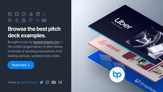 Browsethebestpitch
deckexamples.
Brought to you by bestpitchdeck.com —
the world’s largest library of pitch decks:
hundreds of winning presentations from
leading startups, updated every week.
Follow us @pitchdecks
Readmore→
