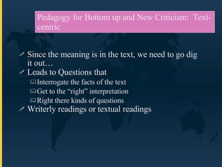 Since the meaning is in the text, we need to go dig it out… Leads to Questions that  Interrogate the facts of the text Get to the “right” interpretation Right there kinds of questions Writerly readings or textual readings Pedagogy for Bottom up and New Criticism:  Text-centric 