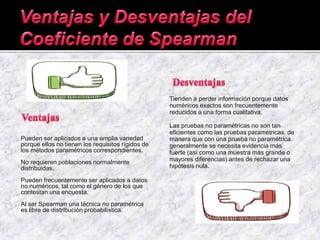Pueden ser aplicados a una amplia variedad
porque ellos no tienen los requisitos rígidos de
los métodos paramétricos correspondientes.
No requieren poblaciones normalmente
distribuidas.
Pueden frecuentemente ser aplicados a datos
no numéricos, tal como el género de los que
contestan una encuesta.
Al ser Spearman una técnica no paramétrica
es libre de distribución probabilística.
Tienden a perder información porque datos
numéricos exactos son frecuentemente
reducidos a una forma cualitativa.
Las pruebas no paramétricas no son tan
eficientes como las pruebas paramétricas, de
manera que con una prueba no paramétrica
generalmente se necesita evidencia más
fuerte (así como una muestra más grande o
mayores diferencias) antes de rechazar una
hipótesis nula.
 