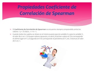  El Coeficiente de Correlación de Spearman se encuentra siempre comprendido entre los
valores -1 y 1. Es decir, -1 < rs < 1.
 Cuando todos los sujetos se sitúan en el mismo puesto para la variable X y para la variable Y,
el valor de rs es 1. Si ocupan valores opuestos, es decir; al primer sujeto en X le corresponde
el ultimo lugar en Y, al segundo en X le corresponde el penúltimo en Y, etc. Entonces el valor
de rs es -1.
Propiedades Coeficiente de
Correlación de Spearman
 