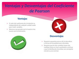 Ventajas y Desventajas del Coeficiente
de Pearson
Ventajas
 El valor del coeficiente de correlación es
independiente de cualquier unidad usada
para medir variables.
 Mientras mas grande sea la muestra mas
exacta será la estimación.
Desventajas
 Requiere supuestos acerca de la naturaleza
o formas de las poblaciones afectadas.
 Requiere que las dos variables hayan ido
medidas hasta un nivel cuantitativo continuo
y que la distribución de ambas sea semejante
a la de la curva normal.
 