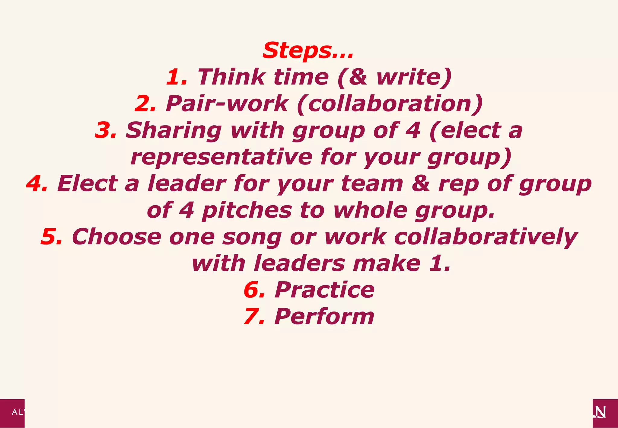 Steps…
             1. Think time (& write)
          2. Pair-work (collaboration)
      3. Sharing with group of 4 (elect a
         representative for your group)
4. Elect a leader for your team & rep of group
           of 4 pitches to whole group.
 5. Choose one song or work collaboratively
               with leaders make 1.
                    6. Practice
                    7. Perform
 