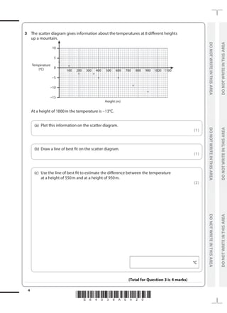 *S64039A0420*
4
	
DO
NOT
WRITE
IN
THIS
AREA	
DO
NOT
WRITE
IN
THIS
AREA	
DO
NOT
WRITE
IN
THIS
AREA
	
DO
NOT
WRITE
IN
THIS
AREA	
DO
NOT
WRITE
IN
THIS
AREA	
DO
NOT
WRITE
IN
THIS
AREA
3	 The scatter diagram gives information about the temperatures at 8 different heights
up a mountain.
	
100	200	300	400	500	600	700	800	900	
1000	
1100
10
5
0
−5
−10
−15
Temperature
(°C)
Height (m)
	 At a height of 1000m the temperature is −13°C.
	
(a)	 Plot this information on the scatter diagram.
 (1)
	
(b)	 Draw a line of best fit on the scatter diagram.
 (1)
	
(c)	
Use the line of best fit to estimate the difference between the temperature
at a height of 550m and at a height of 950m.
 (2)
°C
(Total for Question 3 is 4 marks)
 