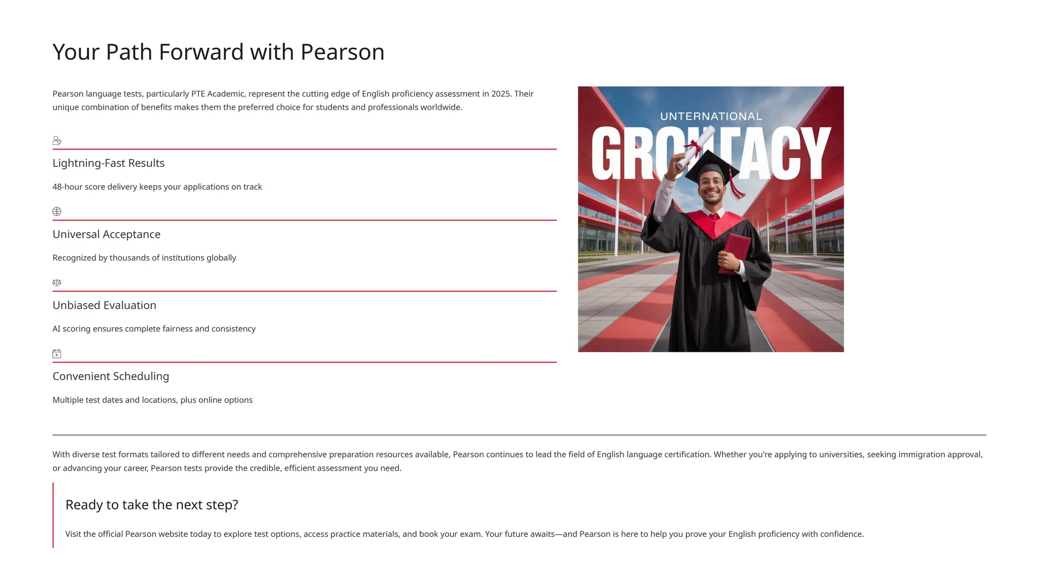 Your Path Forward with Pearson
Pearson language tests, particularly PTE Academic, represent the cutting edge of English proficiency assessment in 2025. Their
unique combination of benefits makes them the preferred choice for students and professionals worldwide.
Lightning-Fast Results
48-hour score delivery keeps your applications on track
Universal Acceptance
Recognized by thousands of institutions globally
Unbiased Evaluation
AI scoring ensures complete fairness and consistency
Convenient Scheduling
Multiple test dates and locations, plus online options
With diverse test formats tailored to different needs and comprehensive preparation resources available, Pearson continues to lead the field of English language certification. Whether you're applying to universities, seeking immigration approval,
or advancing your career, Pearson tests provide the credible, efficient assessment you need.
Ready to take the next step?
Visit the official Pearson website today to explore test options, access practice materials, and book your exam. Your future awaits—and Pearson is here to help you prove your English proficiency with confidence.
 