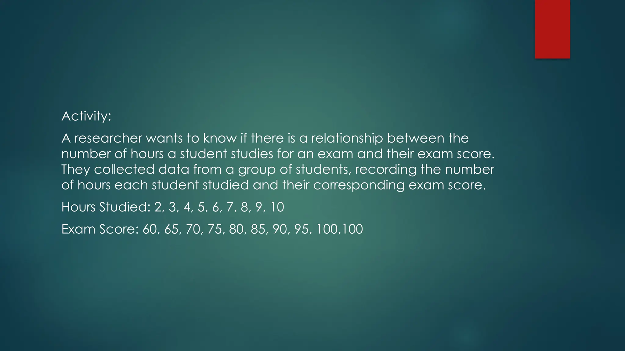 Activity:
A researcher wants to know if there is a relationship between the
number of hours a student studies for an exam and their exam score.
They collected data from a group of students, recording the number
of hours each student studied and their corresponding exam score.
Hours Studied: 2, 3, 4, 5, 6, 7, 8, 9, 10
Exam Score: 60, 65, 70, 75, 80, 85, 90, 95, 100,100
 