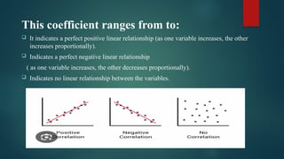 This coefficient ranges from to:
 It indicates a perfect positive linear relationship (as one variable increases, the other
increases proportionally).
 Indicates a perfect negative linear relationship
( as one variable increases, the other decreases proportionally).
 Indicates no linear relationship between the variables.
 