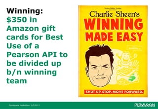 Winning:
$350 in
Amazon gift
cards for Best
Use of a
Pearson API to
be divided up
b/n winning
team


Foursquare Hackathon: 1/5/2013
 