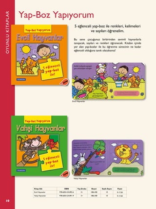 10
Yap-Boz Yapıyorum
Bu sene çocuğunuz birbirinden sevimli hayvanlarla
tanışacak, sayıları ve renkleri öğrenecek. Kitabın içinde
yer alan yap-bozlar ile bu öğrenme sürecinin ne kadar
eğlenceli olduğuna tanık olacaksınız!
5 eğlenceli yap-boz ile renkleri, kelimeleri
ve sayıları öğrenelim.
OYUNLUKİTAPLAR
Kitap Adı ISBN Yaş Grubu Boyut Sayfa Sayısı Fiyatı
Evcil Hayvanlar 978-6054-24-892-6 3+ 180x180 10 ¨ 17,50
Vahşi Hayvanlar 978-6054-24-891-9 3+ 180x180 10 ¨ 17,50
Evcil Hayvanlar
Vahşi Hayvanlar
 