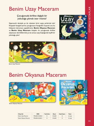 11
Benim Uzay Maceram
Benim Okyanus Maceram
Süpersonik denizaltı ya da roketten birini seçip yerlerinizi alın!
Kitaptaki fotoğraf yerine çocuğunuzun fotoğrafını koyarak onu bu
hikâyenin kahramanı yapabilirsiniz. Benim Okyanus Maceram
ve Benim Uzay Maceram kitapları ile çocuğunuzla birlikte
okyanusun derinliklerinde ya da sonsuz uzay boşluğunda keyifli bir
yolculuğa çıkın!
Çocuğunuzla birlikte değişik bir
yolculuğa çıkmak ister misiniz?
OYUNLUKİTAPLAR
Kitap Adı ISBN Yaş Grubu Boyut Sayfa Sayısı Fiyatı
Benim Uzay Maceram 978-6054-24-843-8 3+ 210x240 12 ¨ 15,50
Benim Okyanus Maceram 978-6054-24-844-5 3+ 210x240 12 ¨ 15,50
Benim Uzay Maceram
Benim Okyanus Maceram
 