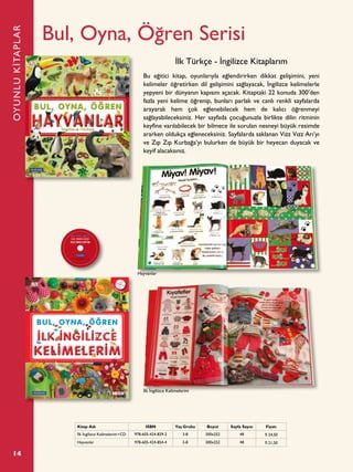 14
Bul, Oyna, Öğren Serisi
Bu eğitici kitap, oyunlarıyla eğlendirirken dikkat gelişimini, yeni
kelimeler öğretirken dil gelişimini sağlayacak, İngilizce kelimelerle
yepyeni bir dünyanın kapısını açacak. Kitaptaki 22 konuda 300’den
fazla yeni kelime öğrenip, bunları parlak ve canlı renkli sayfalarda
arayarak hem çok eğlenebilecek hem de kalıcı öğrenmeyi
sağlayabileceksiniz. Her sayfada çocuğunuzla birlikte dilin ritminin
keyfine varılabilecek bir bilmece ile sorulan nesneyi büyük resimde
ararken oldukça eğleneceksiniz. Sayfalarda saklanan Vızz Vızz Arı’yı
ve Zıp Zıp Kurbağa’yı bulurken de büyük bir heyecan duyacak ve
keyif alacaksınız.
İlk Türkçe - İngilizce Kitaplarım
OYUNLUKİTAPLAR
Kitap Adı ISBN Yaş Grubu Boyut Sayfa Sayısı Fiyatı
İlk İngilizce Kelimelerim+CD 978-605-424-829-2 3-8 300x252 48 ¨ 24,50
Hayvanlar 978-605-424-854-4 3-8 300x252 48 ¨ 21,50
gökkuşağı
a rainbow
bebek
a doll
kâse
a bowl
bere
a hat
traktör
a tractor
B U L , O Y N A , Ö Ğ R E NB U L , O Y N A , Ö Ğ R E N
KELİMELERİMKELİMELERİM
İLK İNGİLİZCEİLK İNGİLİZCE
BUL,OYNA,ÖĞRENBUL,OYNA,ÖĞRENİLKİNGİLİZCEKELİMELERİMİLKİNGİLİZCEKELİMELERİM
2. BASKI
CD
H
E D İ Y E L İ
ır.
248292
5424-829-2
ul ve esaslar hakkında yönetmeliğin
sinde bandrol taşıması zorunlu değildir.
İlk İngilizce Kelimelerim
Hayvanlar
 