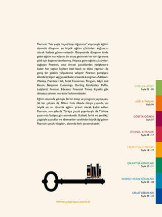 1
Pearson, “her yaşta, hayat boyu öğrenme” vizyonuyla eğitim
alanında dünyanın en büyük eğitim çözümleri sağlayıcısı
olarak faaliyet göstermektedir. Bünyesinde dünyanın önde
gelen eğitim markalarını bir araya getirerek her tür öğrenme
şekli için başarısı kanıtlanmış, ihtiyaca göre eğitim çözümleri
sağlayan Pearson, okul öncesi çocuklardan yetişkinlere
kadar her yaştan kişilere özel basılı ve dijital yayınları ile
geniş bir çözüm yelpazesine sahiptir. Pearson şemsiyesi
altında birleşen saygın markalar arasında Longman, Addison-
Wesley, Prentice Hall, Scott Foresman, Penguin, Allyn and
Bacon, Benjamin Cummings, Dorling Kindersley, Puffin,
Ladybird, Fronter, Edexcel, Financial Times, Equella gibi
dünyaca tanınan markalar bulunmaktadır.
Eğitim alanında yaklaşık 56 bin kitap ve program yayınlayan,
36 bin çalışanı ile 70’ten fazla ülkede dünya çapında, en
büyük ve en dinamik eğitim şirketi olarak kabul edilen
Pearson, son yıllarda Türkçe çocuk yayınlarıyla da Türkiye
pazarında faaliyet göstermektedir. Kaliteli, farklı ve yenilikçi
çizgisiyle çocuklar ve ebeveynler tarafından büyük ilgi gören
Pearson çocuk kitapları, alanında fark yaratmaktadır.
www.pearson.com.tr
DOKUN-HİSSET
Sayfa 02 - 05
SESLİ KİTAPLAR
Sayfa 06
GÖSTER-ÖĞREN
Sayfa 07
OYUNLU KİTAPLAR
Sayfa 08 - 17
3 BOYUTLU KİTAPLAR
Sayfa 18 - 19
ÇIKARTMA KİTAPLARI
Sayfa 20 - 21
RESİMLİ HİKÂYE KİTAPLARI
Sayfa 22 - 28
SANAT KİTAPLARI
Sayfa 29 - 32
 