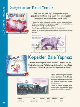 24
Gergedanlar Krep Yemez
Köpekler Bale Yapmaz
“Begüm her sabah olduğu gibi mutfakta kahvaltı yapıyordu. Birden
arkasından büyük, mor bir gergedanın geçtiğini ve masadaki tabaktan
bir krep alıp yemeğe başladığını gördü.
‘İnanılır gibi değil! Otobüsten bile büyük! Hem de mor!’
Üstelik bu gergedan çok da kabaydı. Begüm’ün krebini izin almadan
yemişti.”
“Benim köpeğim farklıdır. Diğer kö-
peklere benzemez. Onlar gibi dav-
ranmaz. Tuvaletten su içmez, terlik-
leri ısırmaz, kedileri kovalamaz. Be-
nim köpeğim müziği, dans etmeyi,
ay ışığını sever.
Dedim ya, benim köpeğim farklı,
kendini köpek gibi hissetmez. Benim
köpeğim kendini balerin zanneder!”
“Hiç olur mu öyle şey” demeyin ve bir gün
çocuğunuz mutfakta krep yiyen mor bir gergedan
gördüğünü söylediğinde ona kulak verin!
Köpekler bale yapar mı? Cevabınız “Hayır!” ise bu
kitabı okumalısınız. Kalıplaşmış düşüncelere karşı hayal
gücünüzü zorlamak için işte size eğlenceli bir fırsat!
RESİMLİHİKÂYEKİTAPLARI
Kitap Adı ISBN Yaş Grubu Boyut Sayfa Sayısı Fiyatı
Gergedanlar Krep Yemez 978-6054-24-869-8 3+ 255x255 32 ¨ 9,50
Köpekler Bale Yapmaz 978-6054-24-870-4 3+ 255x255 32 ¨ 9,50
Gergedanlar Krep Yemez
Köpekler Bale Yapmaz
 