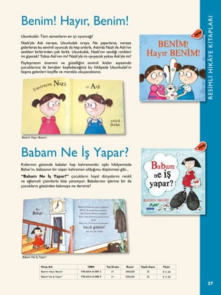 27
Benim! Hayır, Benim!
Babam Ne İş Yapar?
Uzunkulak: Tüm zamanların en iyi oyuncağı!
Nazlı’yla Aslı nereye, Uzunkulak oraya. Ne yaparlarsa, nereye
giderlerse bu sevimli oyuncak da hep onlarla. Aslında Nazlı ile Aslı’nın
zevkleri birbirinden çok farklı. Uzunkulak, Nazlı’nın sevdiği renkleri
mi giyecek? Yoksa Aslı’nın mı? Nazlı’yla mı uyuyacak yoksa Aslı’yla mı?
Paylaşmanın önemini ve güzelliğini  sevimli ikizler  sayesinde
çocuklarınız ile beraber keşfedeceğiniz bu hikâyede  Uzunkulak’ın
başına gelenleri keyifle ve merakla okuyacaksınız.
Kızlarının gözünde babalar hep kahramandır, tıpkı hikâyemizde
Bahar’ın, babasının bir süper kahraman olduğunu düşünmesi gibi...
“Babam Ne İş Yapar?” çocukların hayal dünyalarını renkli
ve eğlenceli çizimlerle bize yansıtıyor. Babalarının işlerine bir de
çocukların gözünden bakmaya ne dersiniz?
RESİMLİHİKÂYEKİTAPLARI
Kitap Adı ISBN Yaş Grubu Boyut Sayfa Sayısı Fiyatı
Benim! Hayır Benim! 978-6054-24-887-2 3+ 250x250 32 ¨ 11,50
Babam Ne İş Yapar? 978-6054-24-888-9 3+ 250x250 32 ¨ 11,50
Benim! Hayır Benim!
Babam Ne İş Yapar?
 