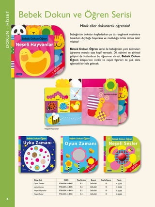 4
Bebek Dokun ve Öğren Serisi
Bebeğinizin dokuları keşfederken ya da rengârenk resimlere
bakarken duyduğu heyecana ve mutluluğa ortak olmak ister
misiniz?
Bebek Dokun Öğren serisi ile bebeğinizin yeni kelimeleri
öğrenme merakı size keyif verecek. Dil edinimi ve zihinsel
gelişimi de hızlandıran bu öğrenme süreci, Bebek Dokun
Öğren kitaplarının renkli ve neşeli figürleri ile çok daha
eğlenceli bir hale gelecek.
Minik eller dokunarak öğrensin!
DOKUN-HİSSET
Kitap Adı ISBN Yaş Grubu Boyut Sayfa Sayısı Fiyatı
Oyun Zamanı 978-6054-24-840-7 0-2 260x260 10 ¨ 22,50
Uyku Zamanı 978-6054-24-839-1 0-2 260x260 10 ¨ 22,50
Neşeli Hayvanlar 978-6054-24-841-4 0-2 260x260 10 ¨ 22,50
Neşeli Sesler 978-6054-24-842-1 0-2 260x260 10 ¨ 22,50
Neşeli Hayvanlar
2. BASIM
2. BASIM
2. BASIM
 