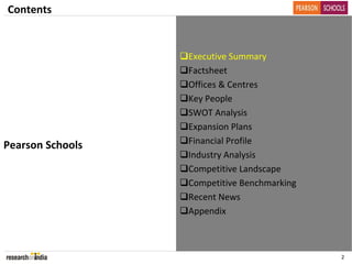 Contents


                  Executive Summary
                  Factsheet
                  Offices & Centres
                  Key People
                  SWOT Analysis
                  Expansion Plans
Pearson Schools   Financial Profile
                  Industry Analysis
                  Competitive Landscape
                  Competitive Benchmarking
                  Recent News
                  Appendix



                                              2
 