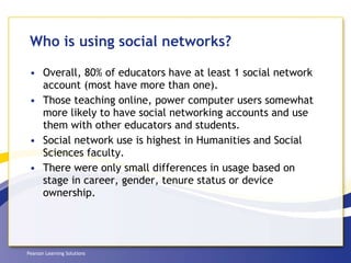 Who is using social networks? Overall, 80% of educators have at least 1 social network account (most have more than one). Those teaching online, power computer users somewhat more likely to have social networking accounts and use them with other educators and students. Social network use is highest in Humanities and Social Sciences faculty. There were only small differences in usage based on stage in career, gender, tenure status or device ownership. 