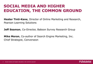 SOCIAL MEDIA AND HIGHER EDUCATION, THE COMMON GROUND Hester Tinti-Kane , Director of Online Marketing and Research, Pearson Learning Solutions Jeff Seaman , Co-Director, Babson Survey Research Group Mike Moran , Co-author of Search Engine Marketing, Inc. Chief Strategist, Converseon Social media and higher education, the common ground   