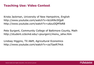 Teaching Use: Video Contest Krista Jackman, University of New Hampshire, English http://www.youtube.com/watch?v=bLVA9o3lQp8 http://www.youtube.com/watch?v=u6zuOQMTeR8 Pete Surgent, Community College of Baltimore County, Math http://student.ccbcmd.edu/~psurgen1/menu_iahw.htm Lindsay Higgins, TX A&M, Agricultural Economics  http://www.youtube.com/watch?v=za7IaeR7Hck Social media and higher education, the common ground 