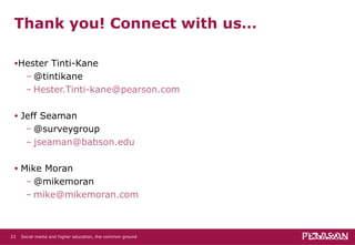 Thank you! Connect with us… Hester Tinti-Kane @tintikane [email_address] Jeff Seaman @surveygroup  [email_address] Mike Moran  @mikemoran [email_address] Social media and higher education, the common ground   