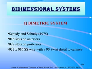 biDiMeNSioNAL SYSTeMS
1] BIMETRIC SYSTEM
•Schudy and Schudy (1975)
•016 slots on anteriors
•022 slots on posteriors
•022 x 016 SS wire with a 900
twist distal to canines
137
Vipul K S, Bidimensional Technique: A Topical Review. Int J Dentistry Oral Sci. 2015 2(6), 94-96.
 