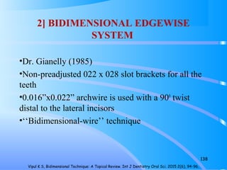 2] BIDIMENSIONAL EDGEWISE
SYSTEM
•Dr. Gianelly (1985)
•Non-preadjusted 022 x 028 slot brackets for all the
teeth
•0.016”x0.022” archwire is used with a 900
twist
distal to the lateral incisors
•‘‘Bidimensional-wire’’ technique
138
Vipul K S, Bidimensional Technique: A Topical Review. Int J Dentistry Oral Sci. 2015 2(6), 94-96.
 