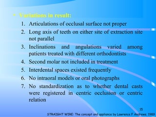 • Variations in result:
1. Articulations of occlusal surface not proper
2. Long axis of teeth on either site of extraction site
not parallel
3. Inclinations and angulations varied among
patients treated with different orthodontists
4. Second molar not included in treatment
5. Interdental spaces existed frequently
6. No intraoral models or oral photographs
7. No standardization as to whether dental casts
were registered in centric occlusion or centric
relation
15
STRAIGHT WIRE: The concept and appliance by Lawrence F Andrews. 1989
 