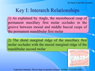 Key I: Interarch Relationships
1) As explained by Angle, the mesiobuccal cusp of
permanent maxillary first molar occludes in the
groove between mesial and middle buccal cusps of
the permanent mandibular first molar
2) The distal marginal ridge of the maxillary first
molar occludes with the mesial marginal ridge of the
mandibular second molar
25
*Lawrence Andrews, The six keys to optimal occlusion. AJODO 1972(296-309)
Six keys to optimal occlusion…
 