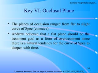 • The planes of occlusion ranged from flat to slight
curve of Spee (concave)
• Andrew believed that a flat plane should be the
treatment goal as a form of overtreatment since
there is a natural tendency for the curve of Spee to
deepen with time.
Key VI: Occlusal Plane
34
*Lawrence Andrews, The six keys to optimal occlusion. AJODO 1972(296-309)
Six keys to optimal occlusion…
 