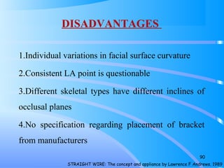 DISADVANTAGES
1.Individual variations in facial surface curvature
2.Consistent LA point is questionable
3.Different skeletal types have different inclines of
occlusal planes
4.No specification regarding placement of bracket
from manufacturers
90
STRAIGHT WIRE: The concept and appliance by Lawrence F Andrews. 1989
 