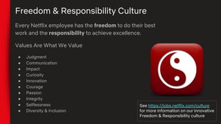 Freedom & Responsibility Culture
Every Netflix employee has the freedom to do their best
work and the responsibility to achieve excellence.
Values Are What We Value
● Judgment
● Communication
● Impact
● Curiosity
● Innovation
● Courage
● Passion
● Integrity
● Selflessness
● Diversity & Inclusion
See https://jobs.netflix.com/culture
for more information on our innovative
Freedom & Responsibility culture
 