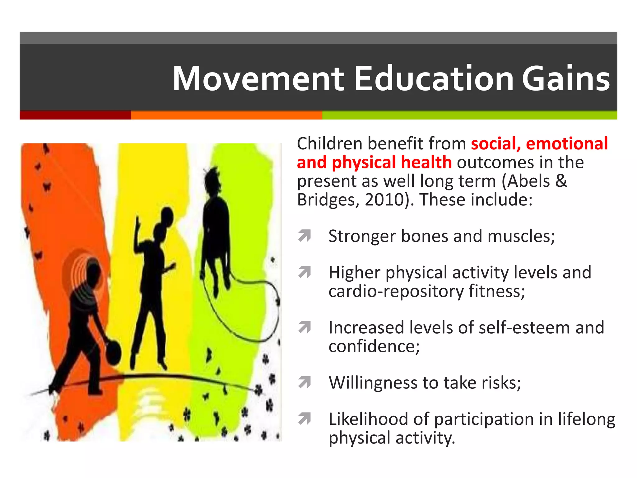 Movement Education Gains
Children benefit from social, emotional
and physical health outcomes in the
present as well long term (Abels &
Bridges, 2010). These include:
 Stronger bones and muscles;
 Higher physical activity levels and
cardio-repository fitness;
 Increased levels of self-esteem and
confidence;
 Willingness to take risks;
 Likelihood of participation in lifelong
physical activity.
 