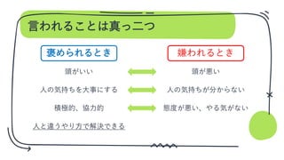 言われることは真っ二つ
褒められるとき 嫌われるとき
頭がいい 頭が悪い
人の気持ちを大事にする 人の気持ちが分からない
人と違うやり方で解決できる
積極的、協力的 態度が悪い、やる気がない
 