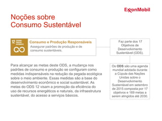 Assegurar padrões de produção e de
consumo sustentáveis.
Consumo e Produção Responsáveis
Para alcançar as metas deste ODS, a mudança nos
padrões de consumo e produção se configuram como
medidas indispensáveis na redução da pegada ecológica
sobre o meio ambiente. Essas medidas são a base do
desenvolvimento econômico e social sustentável. As
metas do ODS 12 visam a promoção da eficiência do
uso de recursos energéticos e naturais, da infraestrutura
sustentável, do acesso a serviços básicos.
Os ODS são uma agenda
mundial adotada durante
a Cúpula das Nações
Unidas sobre o
Desenvolvimento
Sustentável em setembro
de 2015 composta por 17
objetivos e 169 metas a
serem atingidos até 2030.
Noções sobre
Consumo Sustentável
Faz parte dos 17
Objetivos de
Desenvolvimento
Sustentável (ODS).
 