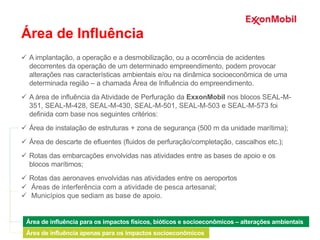 Área de Influência
 A implantação, a operação e a desmobilização, ou a ocorrência de acidentes
decorrentes da operação de um determinado empreendimento, podem provocar
alterações nas características ambientais e/ou na dinâmica socioeconômica de uma
determinada região – a chamada Área de Influência do empreendimento.
 A área de influência da Atividade de Perfuração da ExxonMobil nos blocos SEAL-M-
351, SEAL-M-428, SEAL-M-430, SEAL-M-501, SEAL-M-503 e SEAL-M-573 foi
definida com base nos seguintes critérios:
 Área de instalação de estruturas + zona de segurança (500 m da unidade marítima);
 Área de descarte de efluentes (fluidos de perfuração/completação, cascalhos etc.);
 Rotas das embarcações envolvidas nas atividades entre as bases de apoio e os
blocos marítimos;
 Rotas das aeronaves envolvidas nas atividades entre os aeroportos
 Áreas de interferência com a atividade de pesca artesanal;
 Municípios que sediam as base de apoio.
Área de influência para os impactos físicos, bióticos e socioeconômicos – alterações ambientais
Área de influência apenas para os impactos socioeconômicos
 