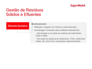 Efluente Sanitário
Monitoramento:
 Medição e registro do volume a cada descarte;
 Amostragem trimestral para análises laboratoriais:
- Na entrada e na saída do sistema de tratamento:
DQO e DBO.
- Na saída do sistema de tratamento: TOG; coliformes
totais; pH; cloro livre; compostos organoclorados.
Gestão de Resíduos
Sólidos e Efluentes
 