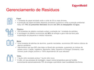 Plástico
 100 toneladas de plástico reciclado evitam a extração de 1 tonelada de petróleo;
 A reciclagem do plástico economiza até 90% de energia e gera mão-de-obra pela
implantação de pequenas e médias indústrias.
Papel
 1 tonelada de papel reciclado evita o corte de 30 ou mais árvores;
 A produção de papel reciclado dispensa processos químicos e evita a poluição ambiental:
reduz em 74% os poluentes liberados no ar e em 35% os despejados na água.
Gerenciamento de Resíduos
Metal
 Uma tonelada de latinhas de alumínio, quando recicladas, economiza 200 metros cúbicos de
aterros sanitários;
 Vale lembrar que que 96% das latas no Brasil são recicladas, superando os índices de
países como o Japão, Inglaterra, Alemanha, Itália, Espanha e Portugal. Entretanto, este
número pode chegar próximo a 100% dependendo de suas atitudes!
Vidro
 1 kg de vidro reciclado produz 1 kg de vidro novo;
 O vidro, em seu processo de reciclagem, requer menos temperatura para ser fundido,
economizando aproximadamente 70% de energia e permitindo maior durabilidade dos fornos.
 