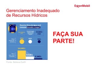 Fonte: Believe.Earth
FAÇA SUA
PARTE!
Gerenciamento Inadequado
de Recursos Hídricos
 