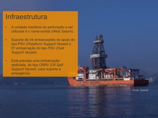 Infraestrutura
• A unidade marítima de perfuração a ser
utilizada é o navio-sonda (West Saturn).
• Suporte de 04 embarcações de apoio do
tipo PSV (Plataform Support Vessel) e
01 embarcação do tipo FSV (Fast
Support Vessel).
• Está prevista uma embarcação
dedicada, do tipo OSRV (Oil Spill
Support Vessel), para suporte à
emergência.
Fonte: Seadrill
 