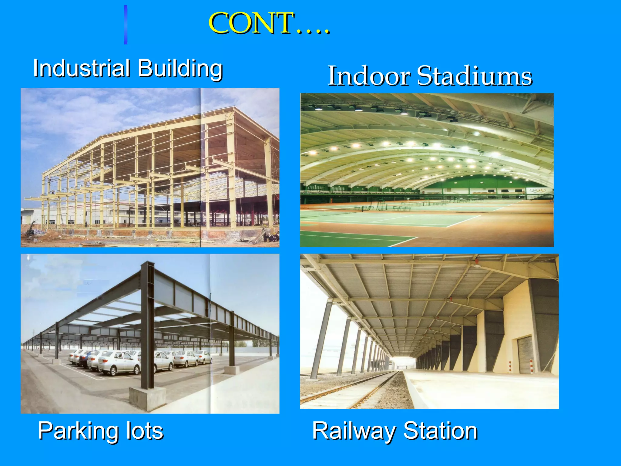 CONT…. Industrial Building Parking lots Indoor Stadiums Railway Station 