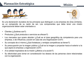 Planeación Estratégica Misión
Es una declaración duradera de los principios que distinguen a una empresa de otras similares,
es un compendio de su razón de ser. Los componentes que debe tener una misión
organizacional deben estar orientados a:
• Clientes (¿Quiénes son?)
• Productos (¿Qué productos o servicios se ofrecen?)
• Los mercados que quiere abordar (¿Cuál es el área geográfica de competencia para una
empresa, o de influencia y acción en caso de una Organización Civil?)
• Su concepto de sí misma (¿Qué fortalezas y ventajas competitivas se tienen?)
• Su preocupación por la imagen pública (¿Cuál es la imagen a proyectar hacia el exterior a la
que aspira la empresa u organización civil?)
• A la calidad inspiradora de la misión (¿Motiva a la acción?)
• Su efectividad para tomar en consideración los deseos de las personas clave relacionadas
con la organización.
 