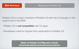 SDK Overhaul

Migrating to Pebble 2.0

Pebble 2.0 is a major evolution of Pebble 1.0 with lots of changes in the
system and in the SDK
• Pebble 2.0 is not compatible with 1.0 apps
• Developers need to migrate their application to Pebble 2.0

Refer to Pebble 2.0 Migration Guide
http://developer.getpebble.com/2/guides/migration-guide.html

 